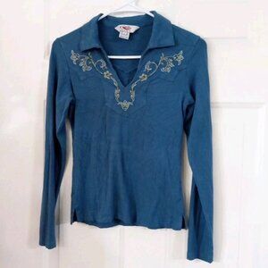 Roper Floral Western Embroidered Long Sleeve Shirt Women's Small Blue 95% Rayon